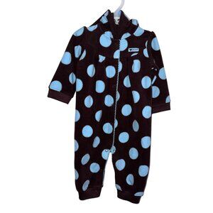 Carters Baby Hooded Brown & Blue Polka Dot Fleece Footless Onesie 6M